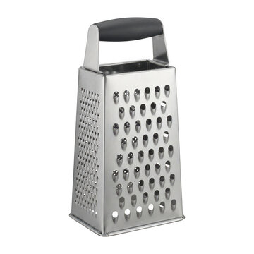 Stainless steel box grater with large and small holes isolated on a transparent background