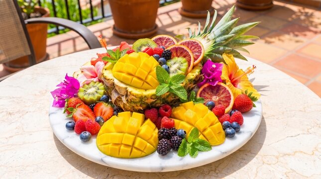 Tropical fruit platter with pineapple centerpiece, mango grids, berries, kiwi, orange, and dragon fruit, garnished with flowers in a vibrant outdoor summer setting.