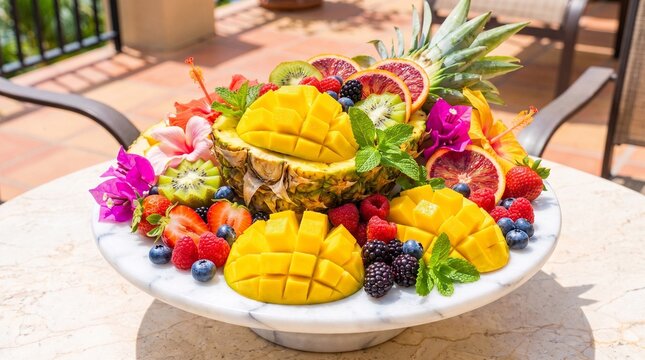 Tropical fruit platter with pineapple centerpiece, mango grids, berries, kiwi, orange, and dragon fruit, garnished with flowers in a vibrant outdoor summer setting.