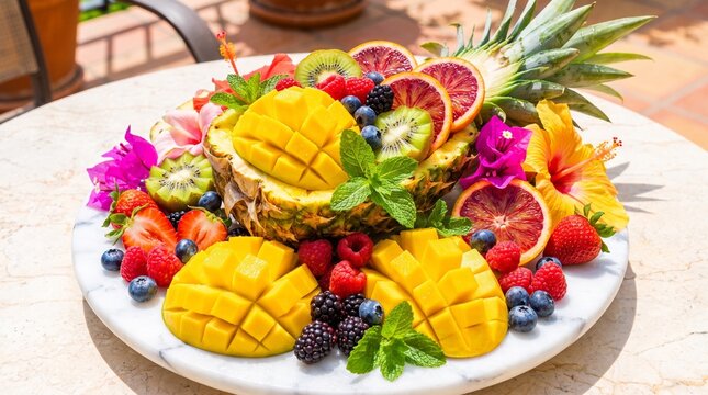 Tropical fruit platter with pineapple centerpiece, mango grids, berries, kiwi, orange, and dragon fruit, garnished with flowers in a vibrant outdoor summer setting.