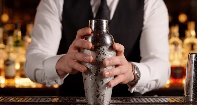 Hands shake chilled metal cocktail shaker with condensation inside a dim cinematic bar.