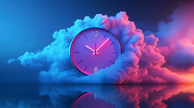 A stunning clock interface blends seamlessly with fluffy clouds, showcasing a modern neumorphic style. The vibrant colors enhance the tranquil atmosphere, creating a surreal experience