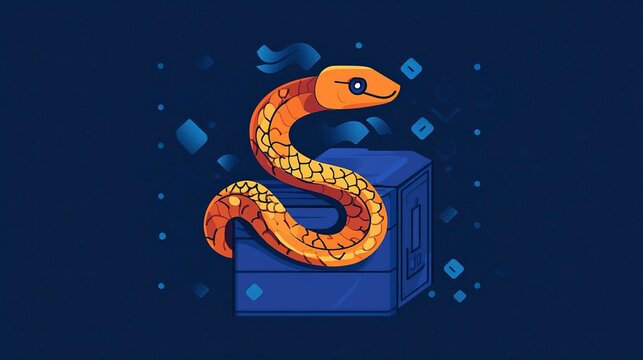 In a tech-focused workspace, a vibrant orange snake twists around a blue box, symbolizing the connection between Python programming and containerization through Docker