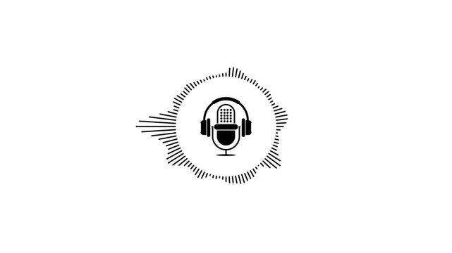 Black microphone and headphones surrounded by circular audio spectrum equalizer animation loop on white background