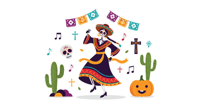 Mexican catrina skeleton dancing happily to celebrate day of the dead with cactus, pumpkin, and skulls around.
