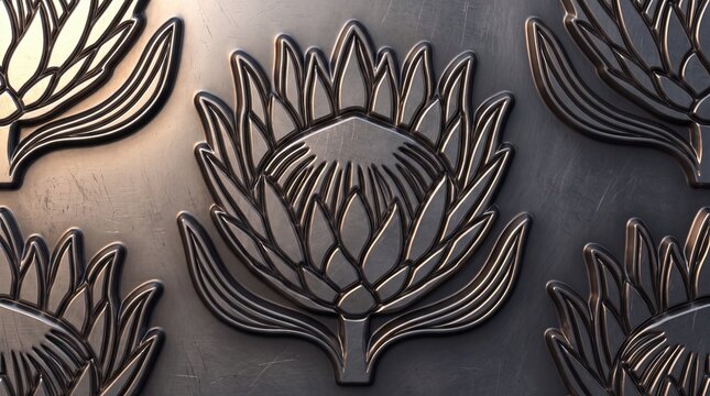 Close up of sculpted metallic protea flower pattern on brushed steel wall surface relief