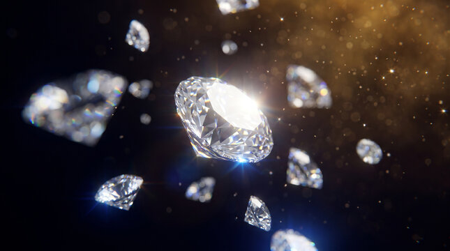 Diamonds sparkle with brilliant white light against a dark gold background texture.