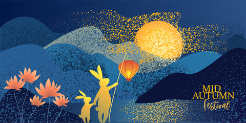 Mid Autumn Festival poster. Two rabbits sit in silhouette against large, shining full moon © Valenty