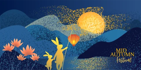 Mid Autumn Festival poster. Two rabbits sit in silhouette against large, shining full moon © Valenty