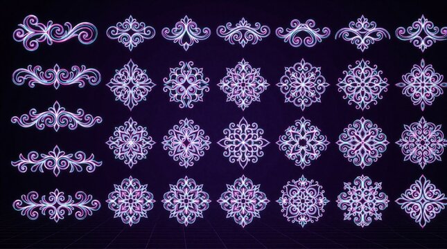 Collection of ornamental vintage swirls and floral patterns. Ornate linework elements display cyber glow effect on dark background. Decorative design motifs with art nouveau and retro style.