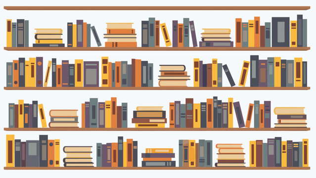 Large library bookshelves fully stacked with endless rows of colorful textbooks in a modern flat graphic design.