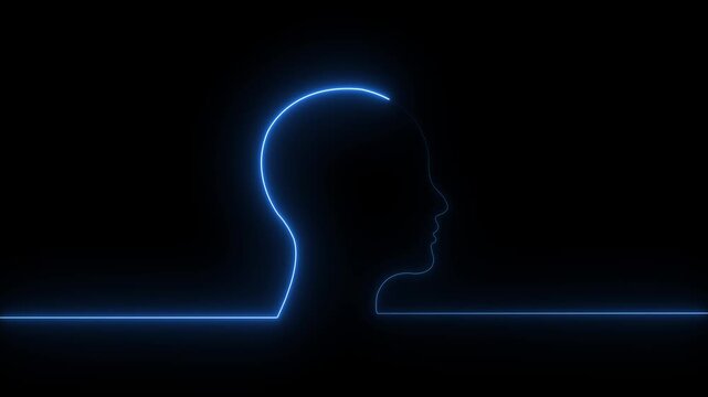 Glowing neon line human head with question mark icon  animation on black background. Neon glowing question mark with man head icon. 4k video