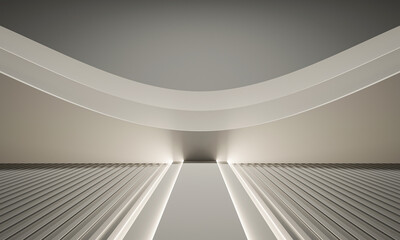 Obraz premium Modern Abstract 3D Render Studio Podium for Product Display, Futuristic Minimalist Architecture Background with Curved Geometric Wall and Soft Lighting Mockup, Empty Showcase Presentation Space