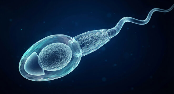 A 3D microscopic rendering of a single human sperm cell with a visible nucleus, acrosome, midpiece, and long tail against a dark blue background.