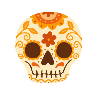 Sugar skull decorated with flowers and traditional ornaments for the Mexican Day of the Dead (Dia de los Muertos) celebration. Flat vector illustration, hand drawn.