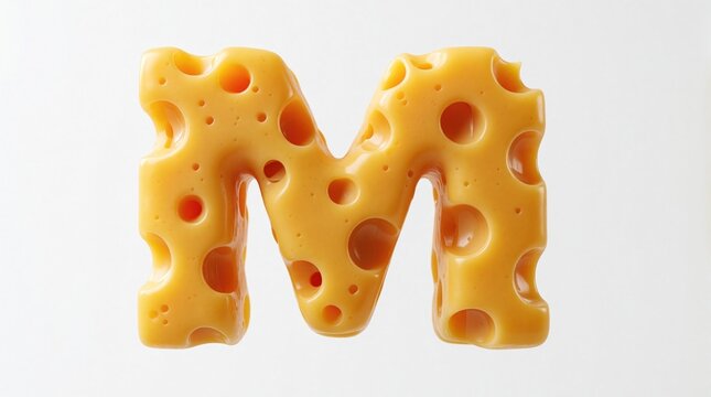 Letter M made from cheese with holes isolated on white background. This playful food graphic represents a fun concept for parties or learning. Enjoy this delicious M.