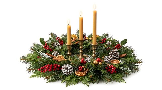 Traditional christmas advent wreath with three tall candles decorated with pine cones and red ornaments on white background