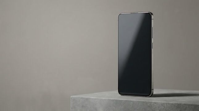 A sleek and modern andriod phone with a blank screen standing on a minimalist concrete surface table background