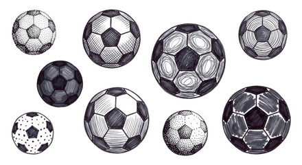 Fototapeta premium Collection of hand-drawn soccer balls in various artistic styles and textures