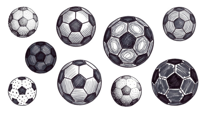 Collection of hand-drawn soccer balls in various artistic styles and textures