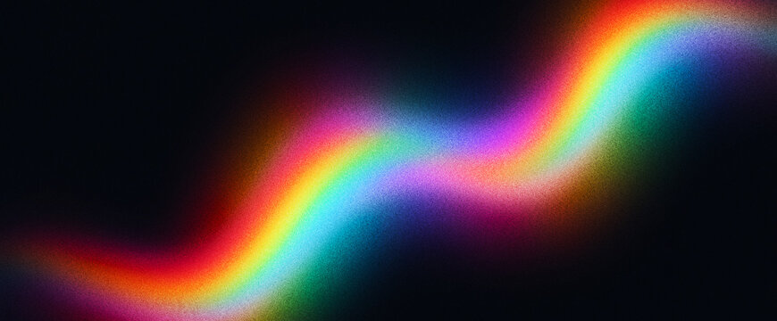 Vibrant rainbow light leak on black background, colorful prism lens flare wave, abstract neon light streak for creative overlays and posters.