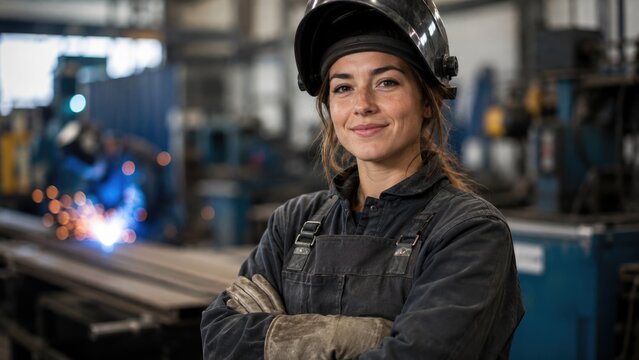Confident Female Welder Wearing Protective Helmet in Industrial Metal Workshop