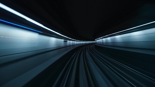 Subway train POV races through an illuminated underground tunnel, following curved railway tracks past a station platform
