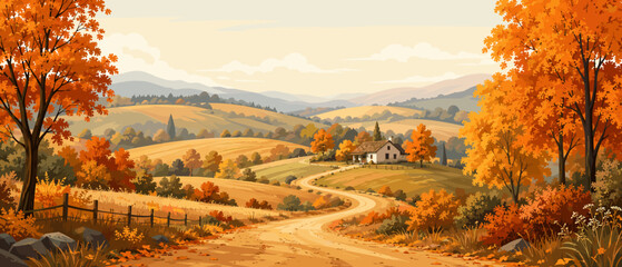 Obraz premium Winding country road through rolling hills in vibrant autumn colors