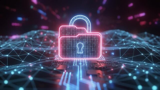 Digital padlock icon on abstract network background with glowing particles during data security concept