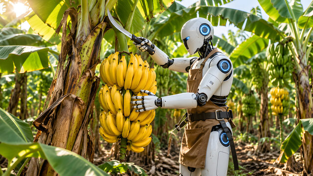 AI Robot Harvesting Bananas in Tropical Farm &ndash; Agricultural Automation and Smart Farming Technology