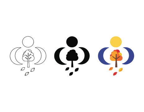 Abstract autumn equinox tree icon surrounded by sun and moon crescent elements for logo.
