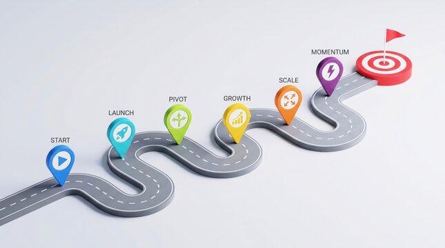 Winding roadmap infographic displaying business milestones with colorful location pins and a red goal target isolated on white studio light