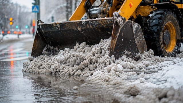 Heavy Snow Removal Loader Clearing Slush from Urban Road During Winter