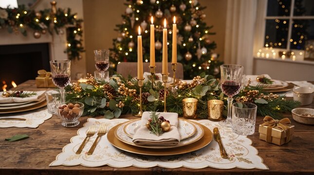 Elegante Mesa de Jantar de Natal com Decora&ccedil;&atilde;o Festiva e &Aacute;rvore Iluminada ao Fundo