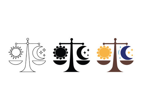 Sun and moon balance scale icon set in outline solid and colorful artistic composition.