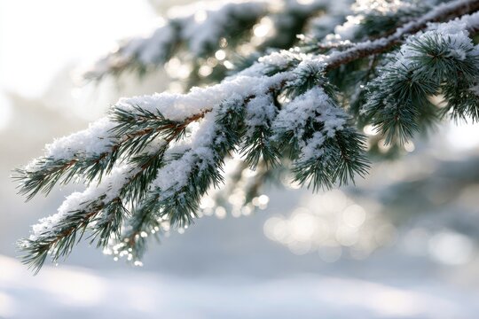 Snow-covered pine tree branch glistening in soft morning light with blurred winter forest background creating serene peaceful atmosphere