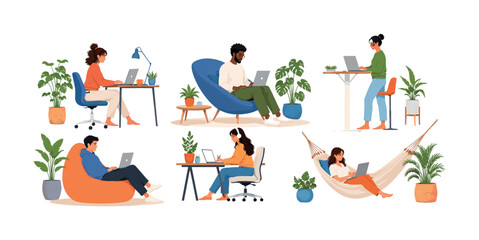 Fototapeta premium Diverse professionals working remotely in various comfortable home office setups