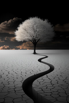Vertical surreal view of a winding fissure path through cracked desert soil leading to a solitary glowing tree, representing hope, survival, and environmental change