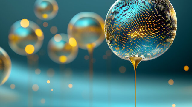 Abstract panorama of glowing dotted teal spheres on golden stems with soft bokeh lights on a blurred blue background, representing modern technology and creative design.