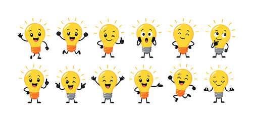 Fototapeta premium Collection of cute smiling light bulb characters with various happy expressions