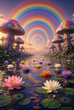 Paesaggio fantasy psichedelico con funghi giganti, fior di loto colorati sull'acqua e un arcobaleno concentrico mistico