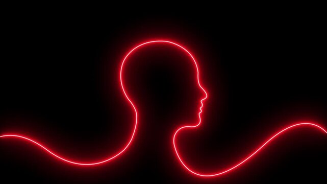 Neon glowing warning icon inside man head icon, danger warning sign animated. Neon  warning alert icon inside man head, danger concept on dark background. Concept of cybersecurity & data risk.