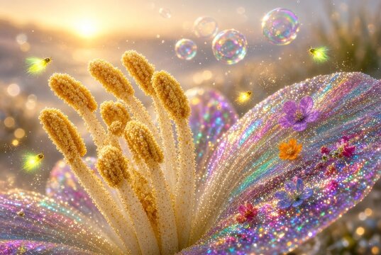 Macro di un fiore magico scintillante con petali arcobaleno, lucciole e bolle di sapone