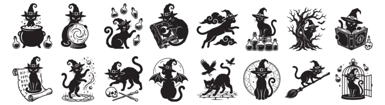 Halloween Witch Cat Silhouettes: Black Cat Witchcraft Icons With Cauldron, Potions And Broom