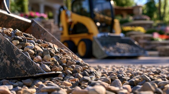 Small loader carrying and unloading smooth decorative stones in a sunny garden landscaping project with blurred background of stacked stone walls and flowers