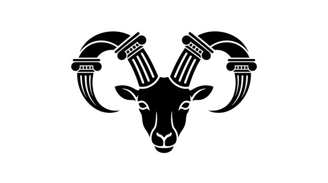 A striking black vector silhouette of a ram head featuring ornate architectural column horns, symbolizing strength and zodiac astrology design concepts on white background