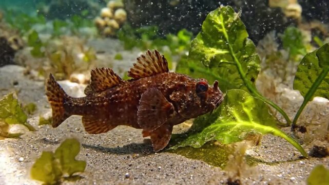 Camouflaged waspfish blends into the ocean floor with natural mimicry among seagrass and sand