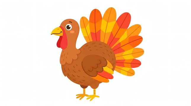 Cute cartoon turkey illustration with colorful tail feathers isolated on a plain white background for thanksgiving