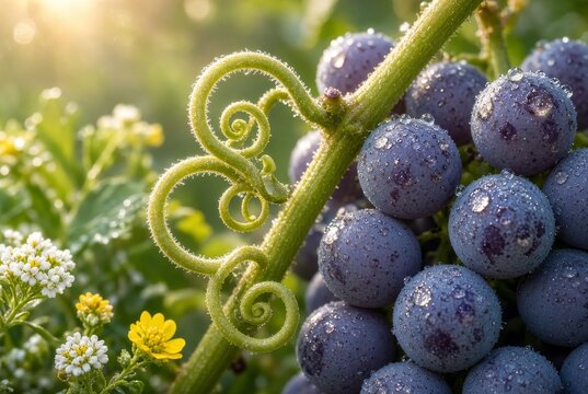 Primo piano di uva viola con gocce di rugiada e viticci al sole del mattino