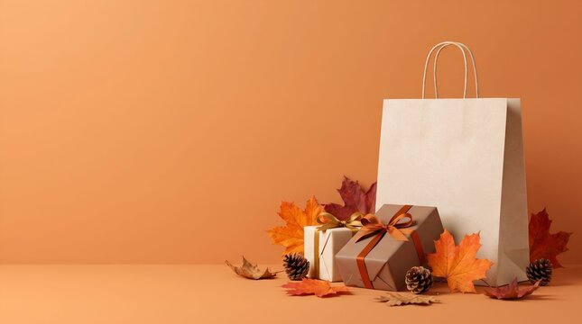 Blank white paper shopping bag with autumn leaves and gift boxes on a solid orange background